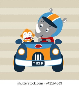 vector cartoon of funny  rhino with monkey on racing car