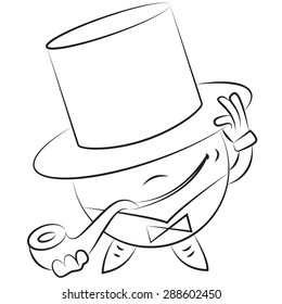vector cartoon funny round man in a hat and a pipe