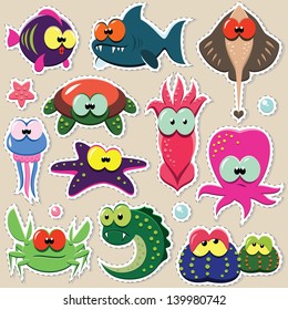 Vector cartoon funny sea animal stickers set