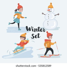 Vector cartoon funny sen of scene illustrations of winter holidays. Skiing, skating girl, snowman, sledding. Winter kids fun on snowy outdoor landscape. Isolated characters on white background