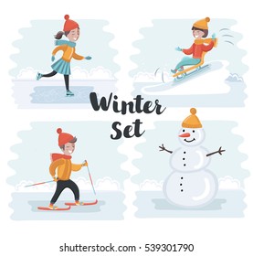 Vector cartoon funny sen of scene illustrations of winter holidays. Skiing, skating girl, snowman, sledding. Winter kids fun on snowy outdoor landscape