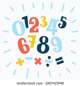 Vector cartoon funny set of alphabet numbers in different size and colors. Division sign, multiplication, plus, equals. Math collection.
