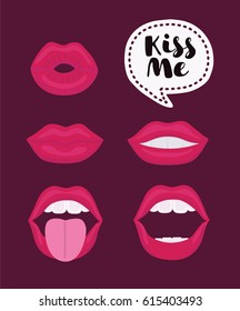 Vector cartoon funny set of illustration of female lips. Mouth with a kiss, smile, tongue, teeth and hand drawn lettering kiss me in speech bubble on dark background