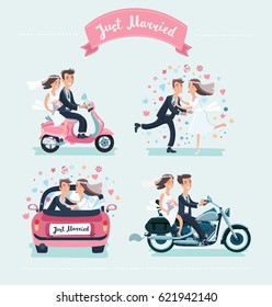 Vector Cartoon Funny Set Of Illustration Of Wedding Couple. Driving Car, Kiss, Ride On Motorcycle And Scooter Isolated