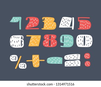 Vector cartoon funny set of vintage hand drawn colorful numbers on dark background.