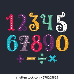 Vector cartoon funny set of vintage hand drawn carnival colorful numbers on dark background.