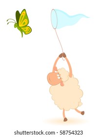 Vector cartoon funny sheep catches beautiful butterfly