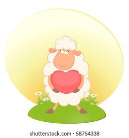 Vector cartoon funny sheep holds a heart
