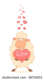 Vector cartoon funny sheep holds a heart