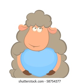 Vector cartoon funny sheep holds a heart