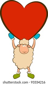 Vector cartoon funny sheep holds a heart
