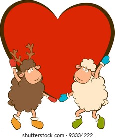 Vector cartoon funny sheep holds a heart