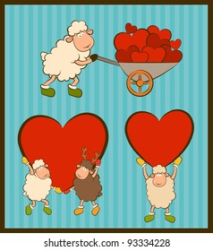 Vector cartoon funny sheep holds a heart. Set