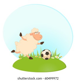 Vector cartoon funny sheep play in football