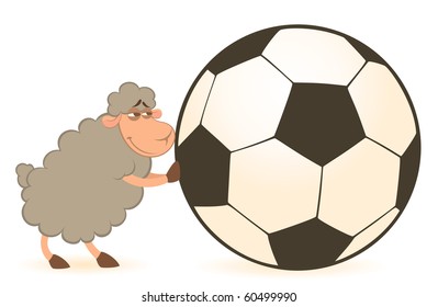 Vector cartoon funny sheep play in football