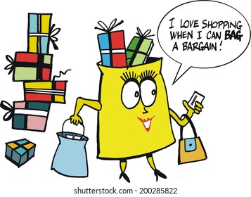 Vector cartoon of funny shopping bag with parcels and presents