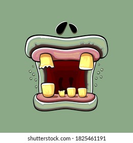 Caricatura vectorial graciosa y tonta boca monstruo zombie con dientes podridos aislados de fondo verde. Plantilla de diseño de camisetas para niños de Halloween felices vectores con boca de monstruo divertida