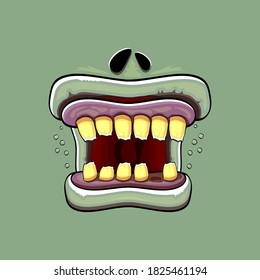 Vector cartoon funny silly zombie monster mouth with rotten teeth isolated on green background. Vector happy Halloween kids t-shirt design template with funky monster mouth