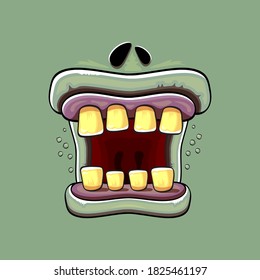 Vektorcartoon lustige dumme Zombie-Monster-Mund mit faulen Zähnen einzeln auf grünem Hintergrund. Vector Happy Halloween Kinder T-Shirt Design-Vorlage mit funky Monster-Mund