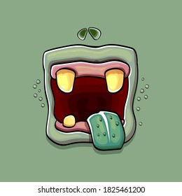 Caricatura vectorial graciosa y tonta boca monstruo zombie con dientes podridos aislados de fondo verde. Plantilla de diseño de camisetas para niños de Halloween felices vectores con boca de monstruo divertida
