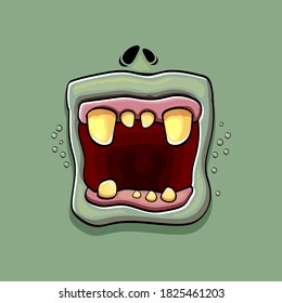 Vector cartoon funny silly zombie monster mouth with rotten teeth isolated on green background. Vector happy Halloween kids t-shirt design template with funky monster mouth