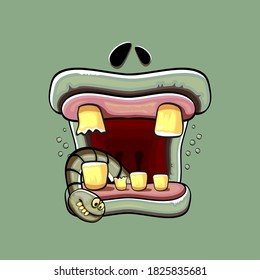 Vector cartoon funny silly zombie monster mouth with rotten teeth and green worm isolated on green background. Vector happy Halloween kids t-shirt design template with funky monster mouth