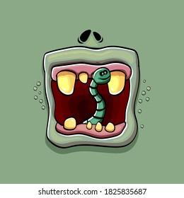 Vector cartoon funny silly zombie monster mouth with rotten teeth and green worm isolated on green background. Vector happy Halloween kids t-shirt design template with funky monster mouth