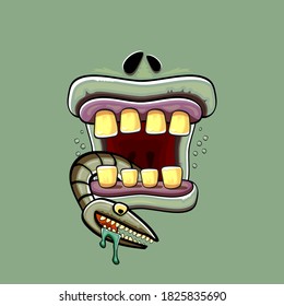 Vektorcartoon lustige dumme Zombie-Monster-Mund mit faulen Zähnen und grünem Wurm einzeln auf grünem Hintergrund. Vector Happy Halloween Kinder T-Shirt Design-Vorlage mit funky Monster-Mund