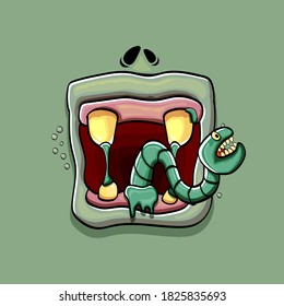 Vector cartoon funny silly zombie monster mouth with rotten teeth and green worm isolated on green background. Vector happy Halloween kids t-shirt design template with funky monster mouth