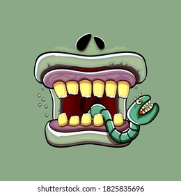 Caricatura vectorial graciosa y tonta boca monstruo zombie con dientes podridos y gusanos verdes aislados en fondo verde. Plantilla de diseño de camisetas para niños de Halloween felices vectores con boca de monstruo divertida