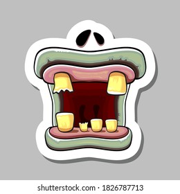 Vector cartoon funny silly zombie monster mouth sticker with rotten teeth isolated on grey background. Vector happy Halloween kids t-shirt design template with funky monster mouth