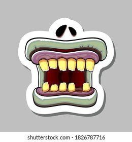Vector cartoon funny silly zombie monster mouth sticker with rotten teeth isolated on grey background. Vector happy Halloween kids t-shirt design template with funky monster mouth
