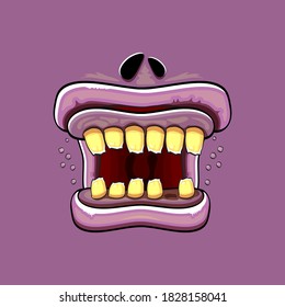 Caricatura vectorial graciosa y tonta boca monstruo zombie con dientes podridos aislados en un fondo violeta. Plantilla de diseño de camisetas para niños de Halloween felices vectores con boca de monstruo divertida