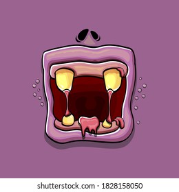 Vektorcartoon lustige dumme Zombie-Monster-Mund mit faulen Zähnen einzeln auf violettem Hintergrund. Vector Happy Halloween Kinder T-Shirt Design-Vorlage mit funky Monster-Mund