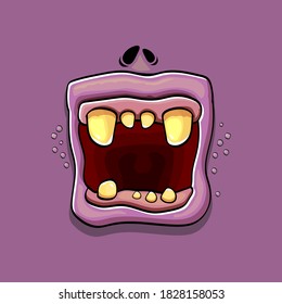 Vector cartoon funny silly zombie monster mouth with rotten teeth isolated on a violet background. Vector happy Halloween kids t-shirt design template with funky monster mouth
