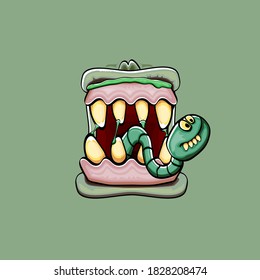 Vector cartoon funny silly zombie monster mouth with rotten teeth and green worm isolated on green background. Vector happy Halloween kids t-shirt design template with funky monster mouth