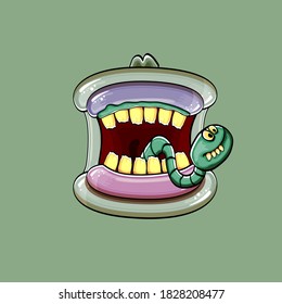 Vector cartoon funny silly zombie monster mouth with rotten teeth and green worm isolated on green background. Vector happy Halloween kids t-shirt design template with funky monster mouth