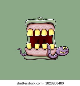 Vector cartoon funny silly zombie monster mouth with rotten teeth and green worm isolated on green background. Vector happy Halloween kids t-shirt design template with funky monster mouth