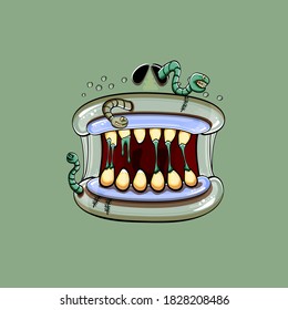 Vector cartoon funny silly zombie monster mouth with rotten teeth and green worm isolated on green background. Vector happy Halloween kids t-shirt design template with funky monster mouth