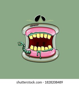 Vector cartoon funny silly zombie monster mouth with rotten teeth and green worm isolated on green background. Vector happy Halloween kids t-shirt design template with funky monster mouth