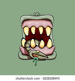 Vector cartoon funny silly zombie monster mouth with rotten teeth and green worm isolated on green background. Vector happy Halloween kids t-shirt design template with funky monster mouth