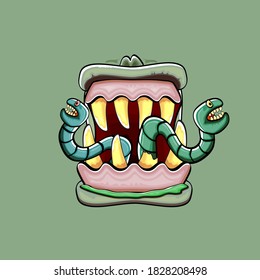 Vektorcartoon lustige dumme Zombie-Monster-Mund mit faulen Zähnen und grünem Wurm einzeln auf grünem Hintergrund. Vector Happy Halloween Kinder T-Shirt Design-Vorlage mit funky Monster-Mund