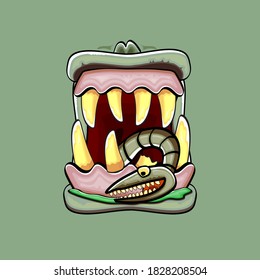 Caricatura vectorial graciosa y tonta boca monstruo zombie con dientes podridos y gusanos verdes aislados en fondo verde. Plantilla de diseño de camisetas para niños de Halloween felices vectores con boca de monstruo divertida