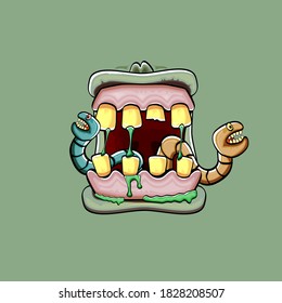 Vector cartoon funny silly zombie monster mouth with rotten teeth and green worm isolated on green background. Vector happy Halloween kids t-shirt design template with funky monster mouth
