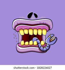 Caricatura vectorial graciosa y tonta boca monstruo zombie con dientes podridos y gusanos verdes aislados en fondo violeta. Plantilla de diseño de camisetas para niños de Halloween felices vectores con boca de monstruo divertida