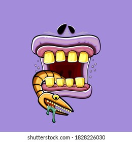 Vector cartoon funny silly zombie monster mouth with rotten teeth and green worm isolated on violet background. Vector happy Halloween kids t-shirt design template with funky monster mouth