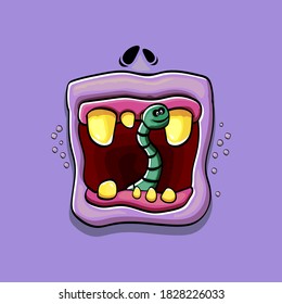 Vector cartoon funny silly zombie monster mouth with rotten teeth and green worm isolated on violet background. Vector happy Halloween kids t-shirt design template with funky monster mouth