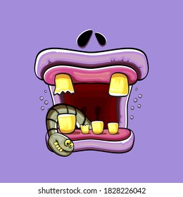 Vektor-Cartoon lustige dumme Zombie-Monster-Mund mit faulen Zähnen und grünem Wurm einzeln auf violettem Hintergrund. Vector Happy Halloween Kinder T-Shirt Design-Vorlage mit funky Monster-Mund