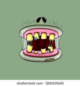 Vector cartoon funny silly zombie monster mouth with rotten teeth and isolated on green background. Vector happy Halloween kids t-shirt design template with funky monster mouth