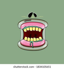 Caricatura vectorial graciosa y tonta boca monstruo zombie con dientes podridos y aislado en el fondo verde. Plantilla de diseño de camisetas para niños de Halloween felices vectores con boca de monstruo divertida